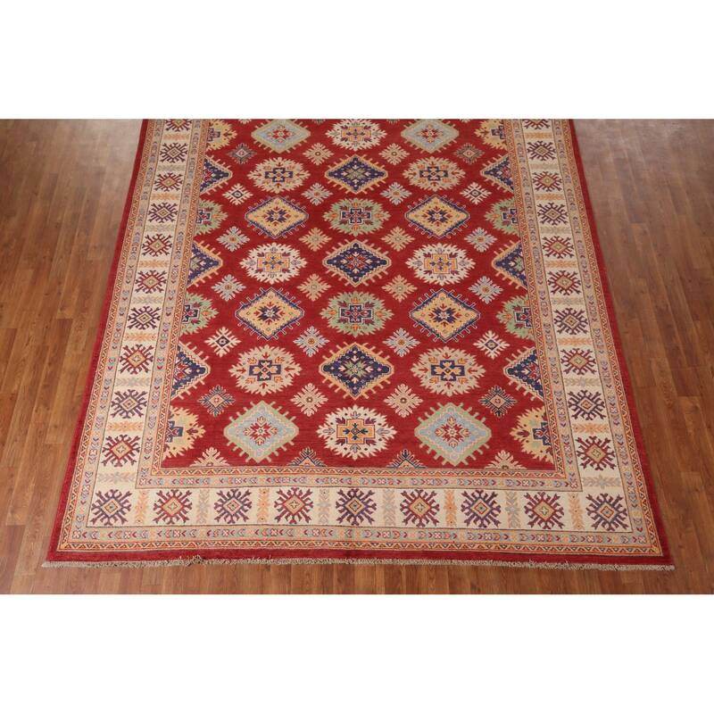 Red Geometric Kazak Area Rug Handmade Wool Carpet - 8'1" x 9'7"