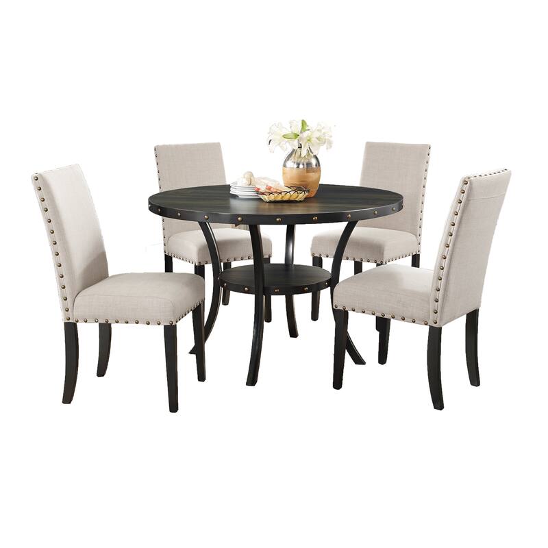 Upholstered Dining Chairs with Nailhead Trim, Round Dining Table with Storage Shelves, Table and Chair Set