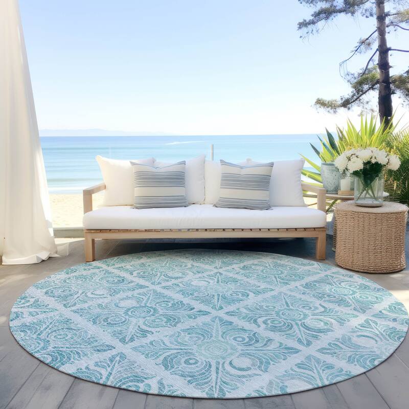 Machine Washable Indoor/ Outdoor Chantille Mosaic Rug - Turquoise - 8' x 8'