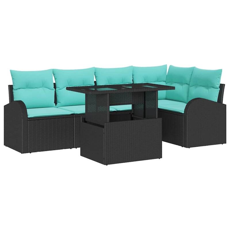 vidaXL 6 Piece Garden Sofa Set with Cushions Black Poly Rattan - 92.1×48.8×27.2