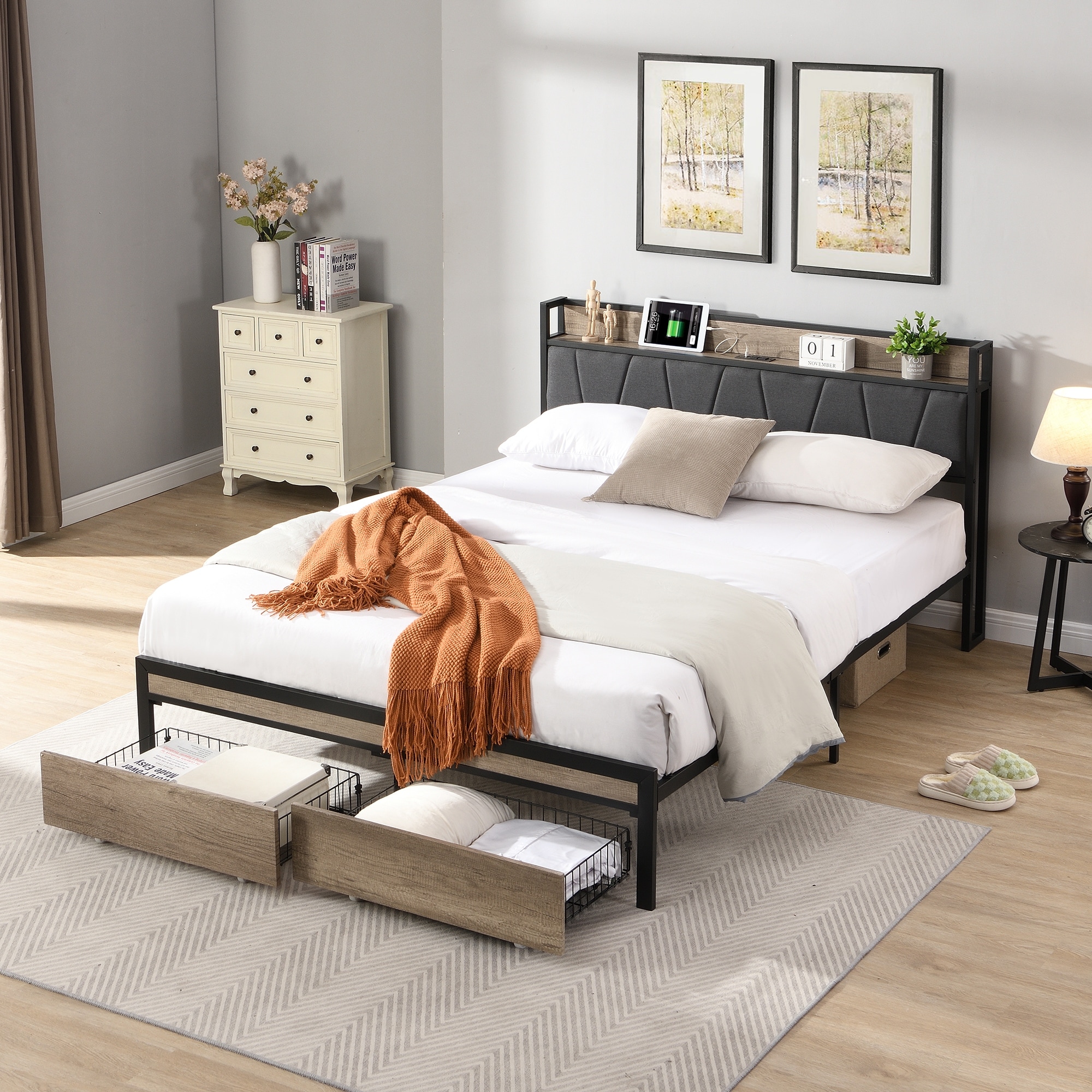Queen Size Metal Platform Bed with Upholstered Storage Headboard, USB Charging, Footboard and Under-Bed Storage