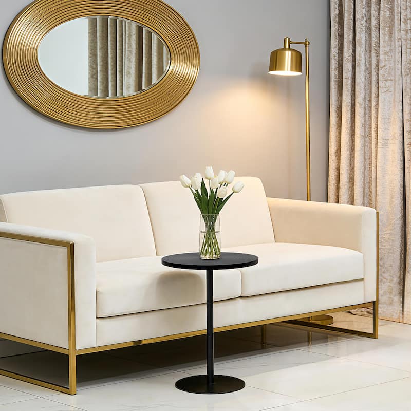 Set of 2 Small Round Side Table Wooden Concentric Circles Coffee Table for Two Metal Pedestal Nightstand for Corner Small Space