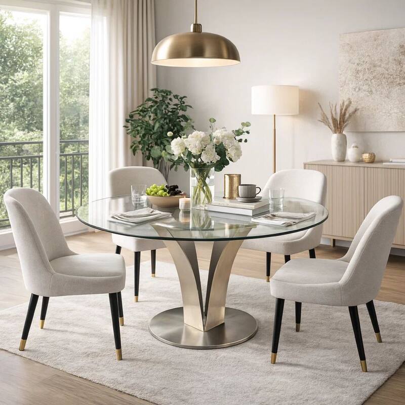 48 Inch Dining Table with Round Glass Top and Metal Base, Chrome