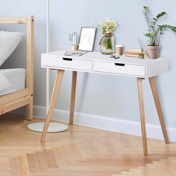 Mid Century Modern Writing Desk with Two Drawers and Solid Wood Legs ...