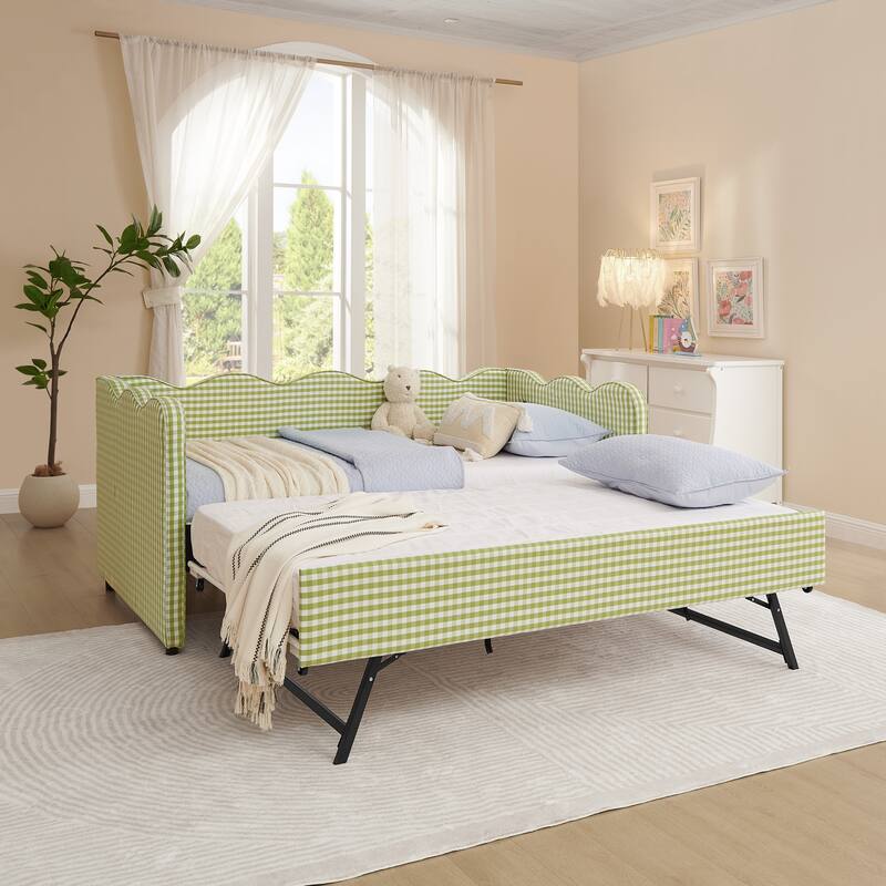 Linen Fabric Gingham Daybed with Trundle, Twin Size Sofa Bed with USB Port and Adorable Wave Shaped Headboard