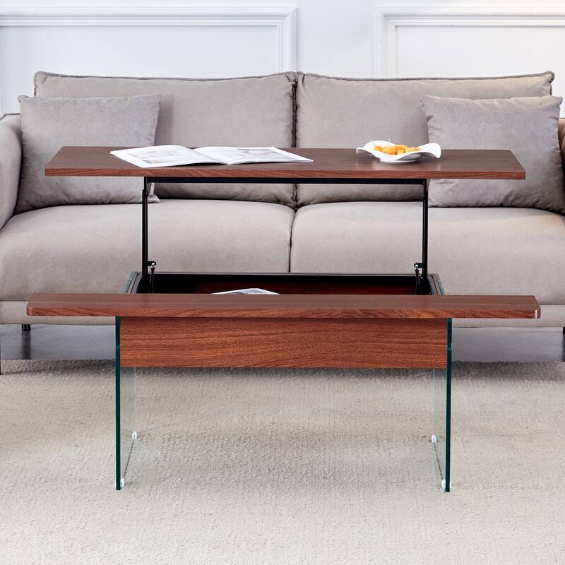 Roomfitters Lift Top Coffee Table with Glass Legs and Storage, Light Wood Grain Finish, Modern Living Room Style