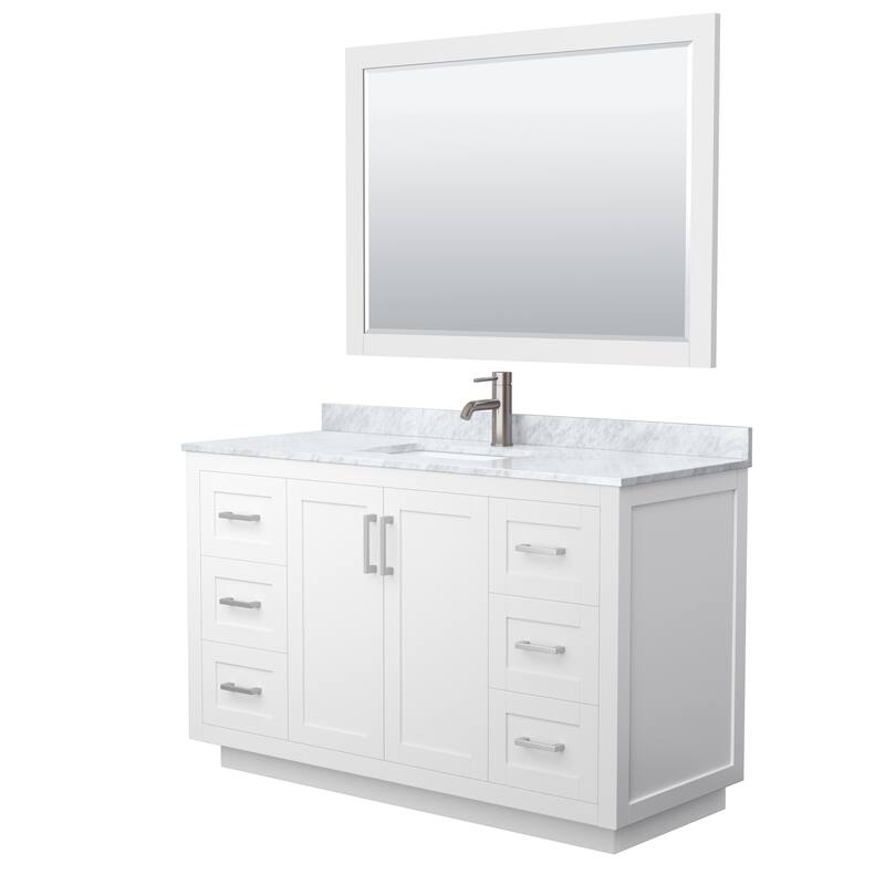 Miranda Single Vanity Set, White Carrara Marble Top, 46-Inch Mirror - 54-Inch Single - White, Nickel Trim, White Carrara Marble Top