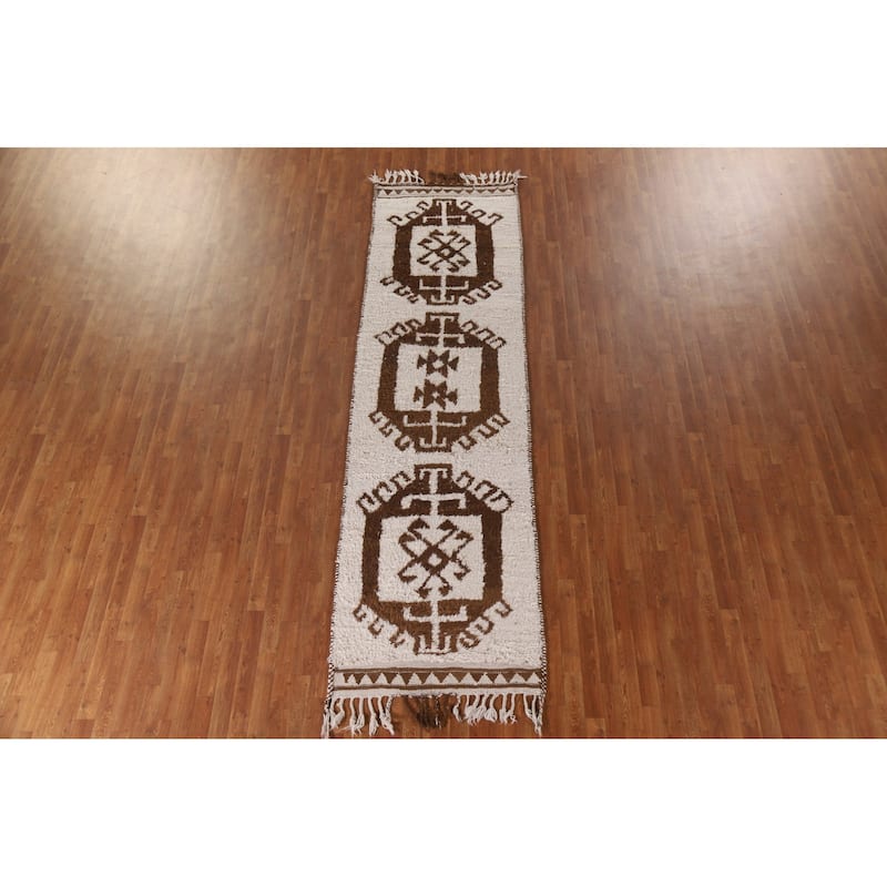 Natural Dye Anatolian Runner Rug Handmade Beige Turkish Wool Carpet - 3'2"x 11'4"