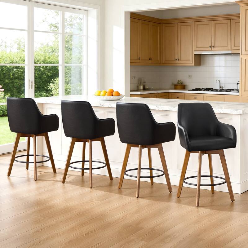 25 Inch Upholstered Swivel Counter Height Bar Stool with Armrests, Solid Wood Legs - 23.6"W x 22.4"D x 40.2"H