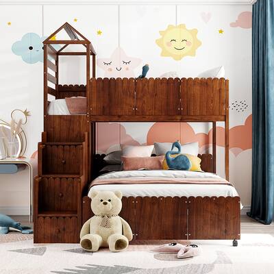 Twin Over Full Bunk Bed, House Bed with 2 Shelves and 7 Drawers