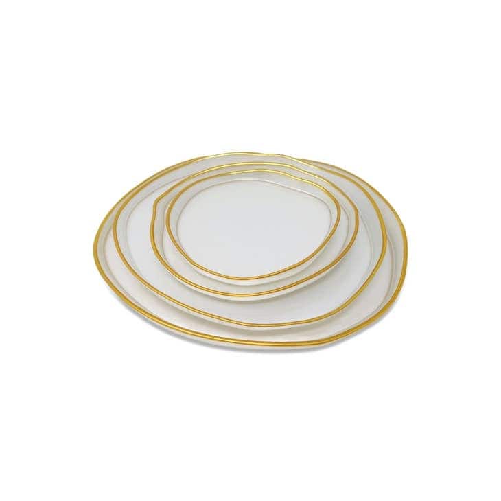 Set of 4 Organic Shaped Plates, White with Gold Sides