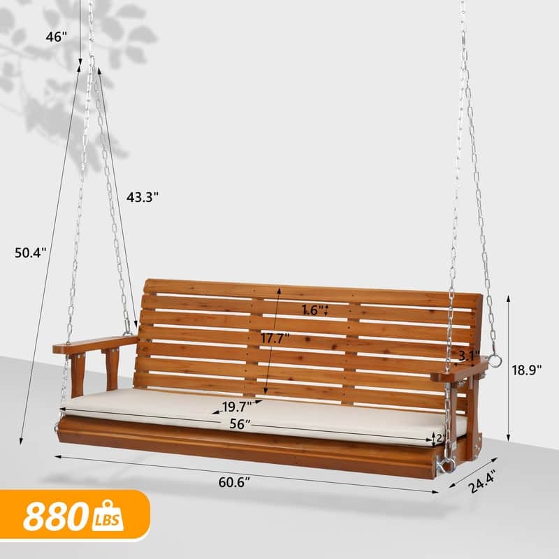 5 ft. 3-Person Wood Outdoor Porch Swing with Cushion - N/A