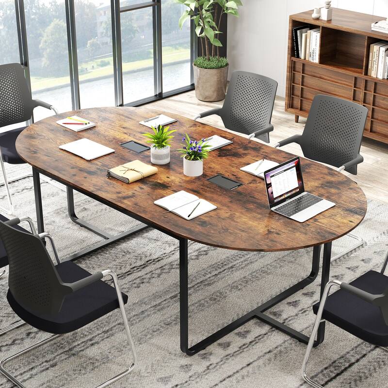 95 Inch Oval Conference Table with Dual Cable Holes and Metal Legs