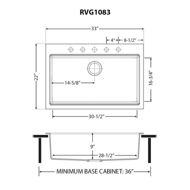 Ruvati 33 x 22 inch epiGranite Drop-in Topmount Granite Composite Quartz Single Bowl Kitchen Sink - Midnight Black - RVG1083BK