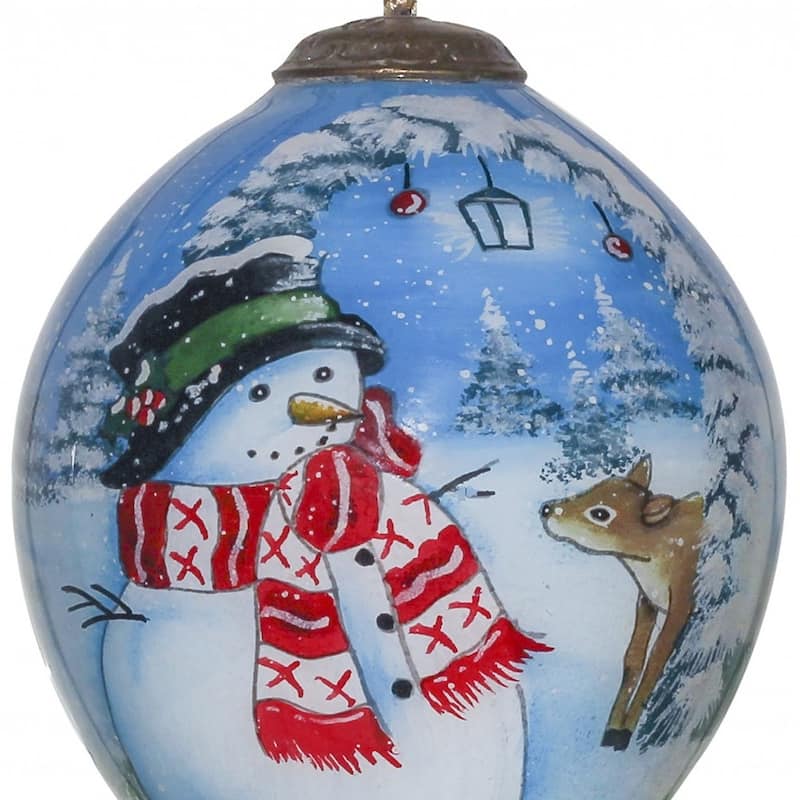 Adorable Snowman and Deer Hand Painted Mouth Blown Glass Ornament - 4.75" x 2.5" x 2.5"