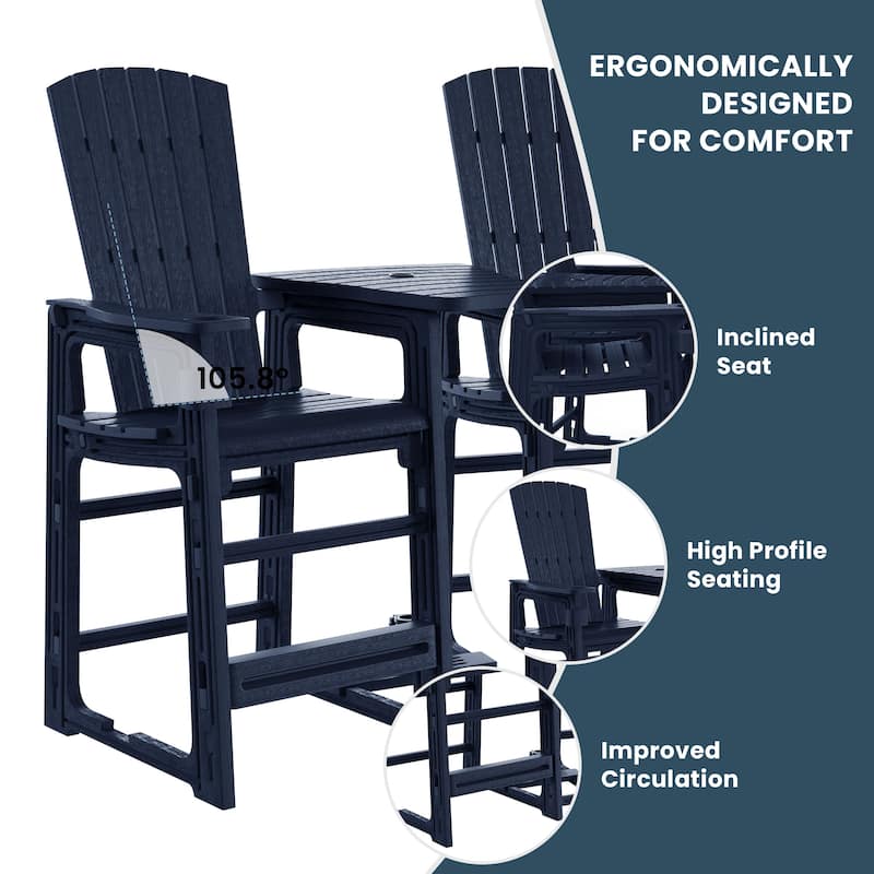 Polytrends Coastline Outdoor Poly Bar Chair Set with Connecting Tray & Cup Holder