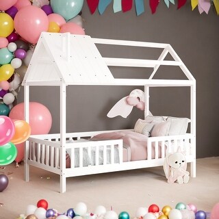 Twin Size Wood House Bed With Fence,Solid Construction for Home