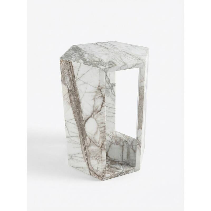 Roomfitters Luxury Natural Marble Hexagon Side Table, Solid Stone Geometric Pedestal End Table, Polished Finish