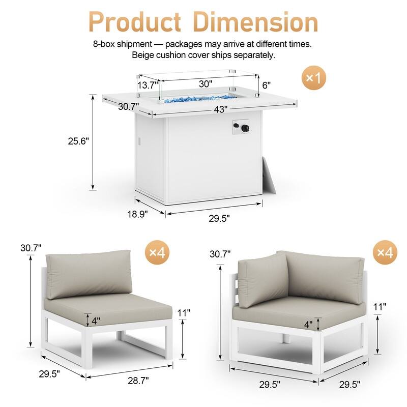 9-Piece Modern Aluminum Outdoor Furniture Set With Fire Pit Table Propane/Gas 60,000 BTU, Extra Large Aluminum Patio Sectional