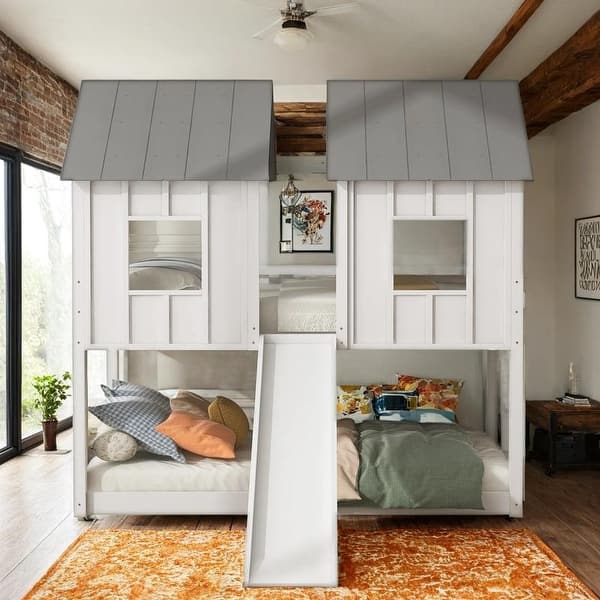 slide 2 of 14, Twin over Twin House Bunk Bed with Slide and Windows White