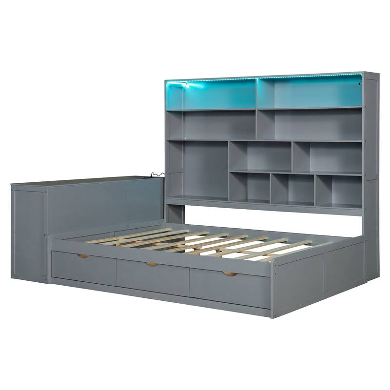 Full Size Wooden Daybed with Desk, Shelves, Drawers, and Lights in Gray