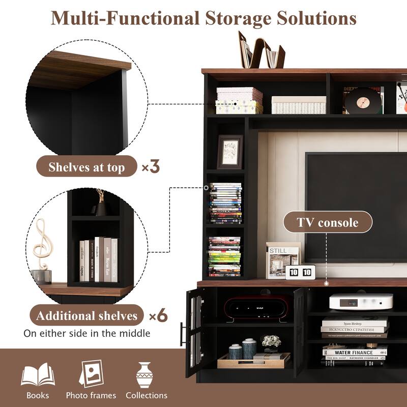 95.5" Extra Wide Media Wall Unit 6 Display Shelves + 2 Adjustable Cabinets, 10 Cable Holes