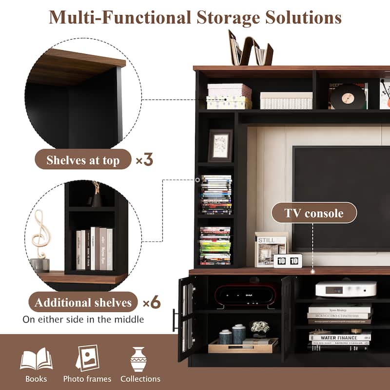 95.5" Wall Unit Entertainment Center TV Stand with Bookshelves, Storage Cabinets and Glass Doors for 80 Inch TV