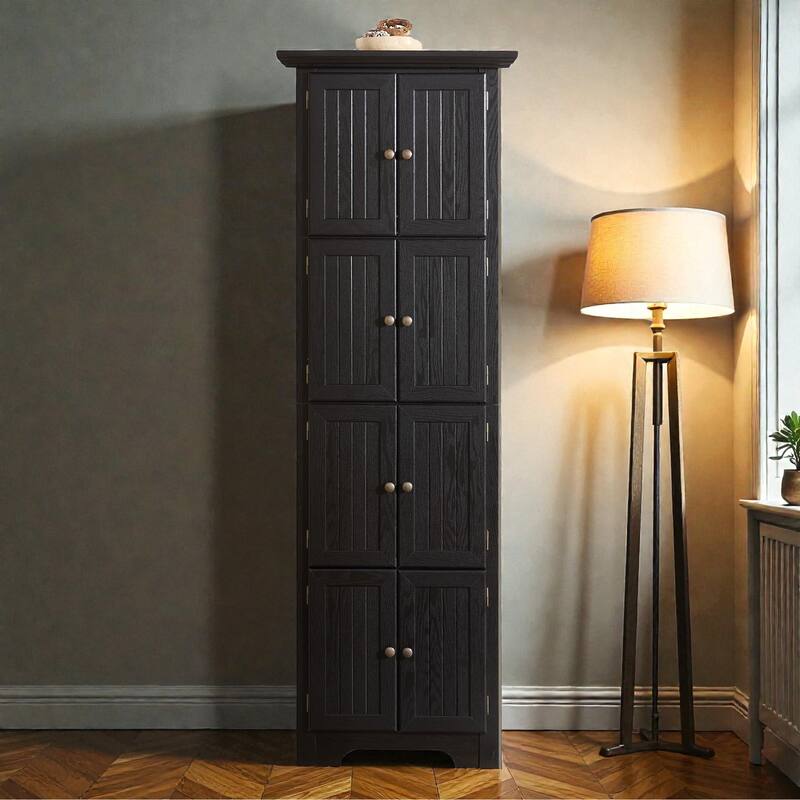 72 Inch Corner Kitchen Pantry Cabinet with 8 Doors, 4-Tier Tall Storage Cabinet for Living Room, Bathroom, Farmhouse Style - Black