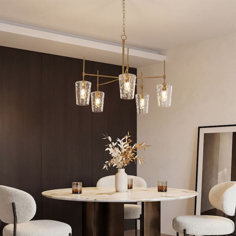 5-Light Modern Gold Chandelier with Ripple Glass Shades, Adjustable Height