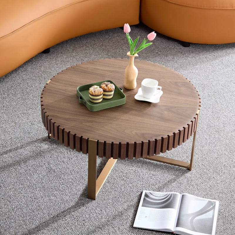 31.5 Inch Round Coffee Table with Sturdy Pedestal - Walnut
