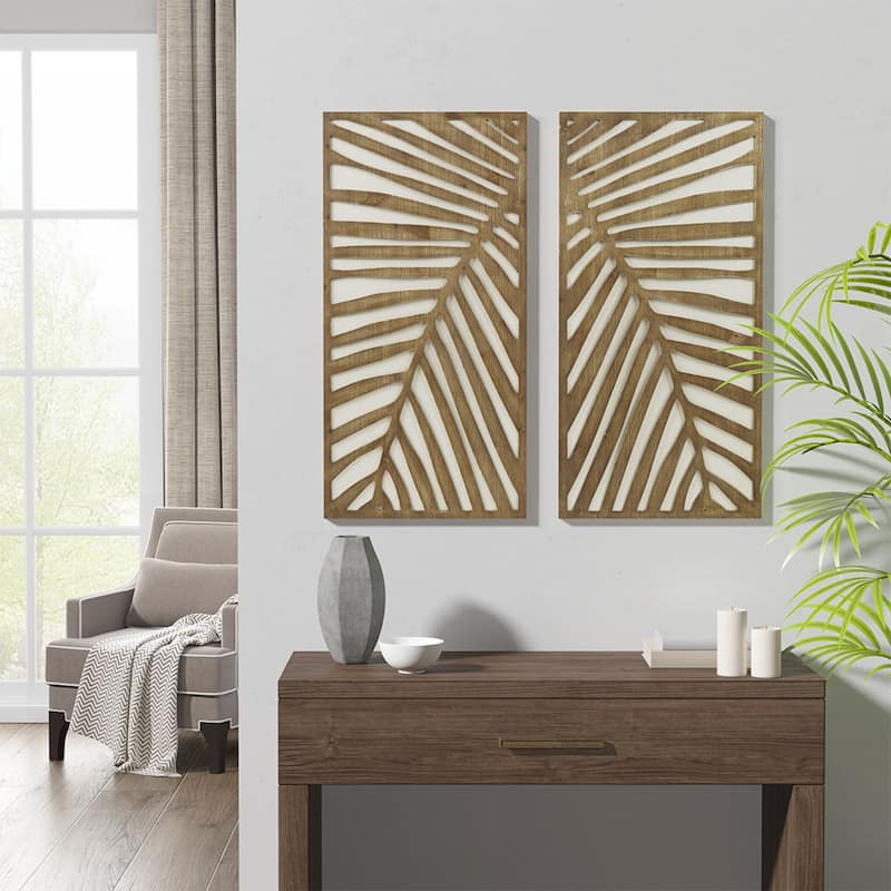 Roomfitters 2-Piece Tropical Palm Leaf Carved Wood Wall Decor Set, Dark Brown and White Botanical Dimensional Art - Brown