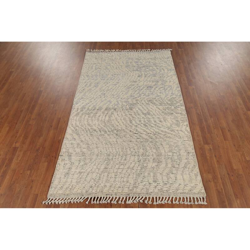 Beige Abstract Moroccan Oriental Area Rug Hand-Knotted Wool Carpet - 4'11"x 8'3"