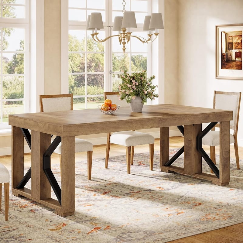 70.8 Inch Dining Table for 6 People, Farmhouse Wooden Kitchen Dinner Table - Brown