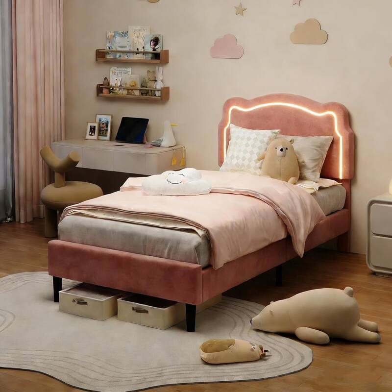Twin Size Upholstered LED Platform Bed Frame with Bear-Shaped Headboard for Kids