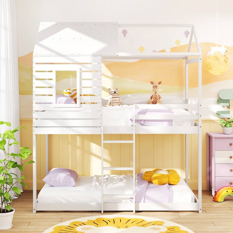 Gymax Twin over Twin House Bunk Bed Low-to-ground Bed Frame w/ Roof