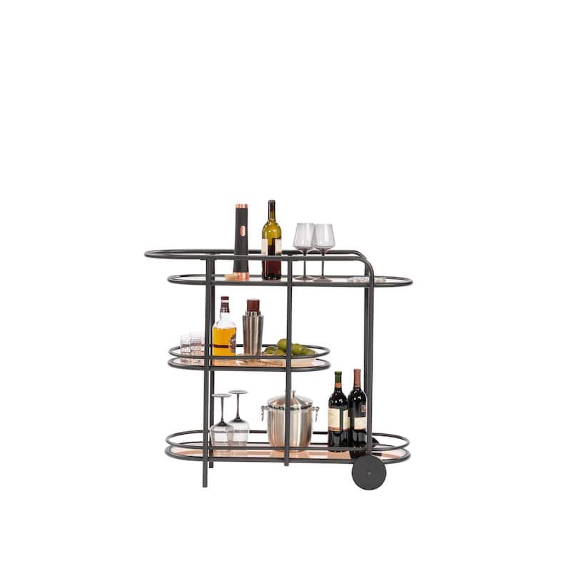 Wood Modern Bar Cart with 3 Glass Shelves, Black - 39.57" L x 15.55" W x 33.27" H