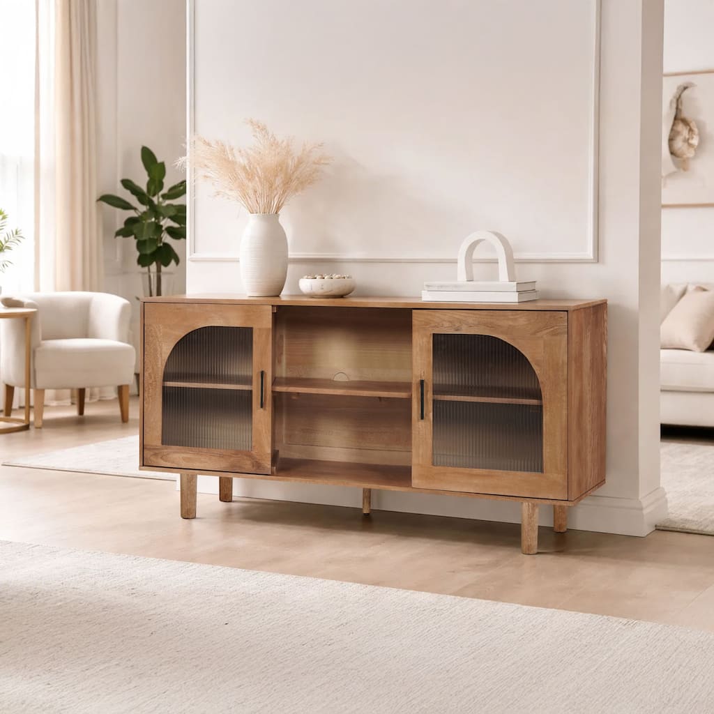 64 Inch James TV Stand Console, 2 Arch Glass Door Cabinets & Shelves, Walnut Brown Mango Wood