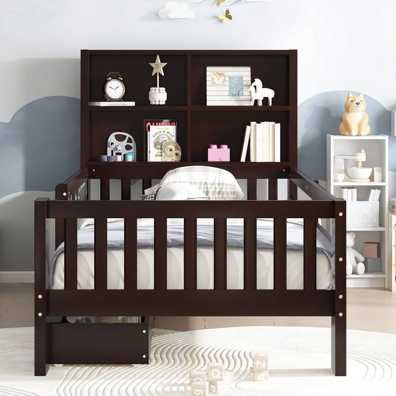 Roomfitters Platform Bed with Chalkboard Headboard, Storage Drawers and Shelves, Solid Wood Frame - Espresso - Twin