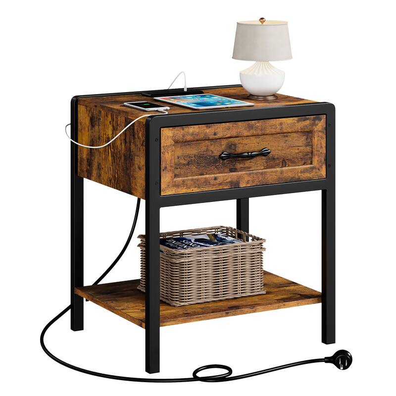 Nightstand with Charging Station Modern Side Table End Table with 1 Drawer