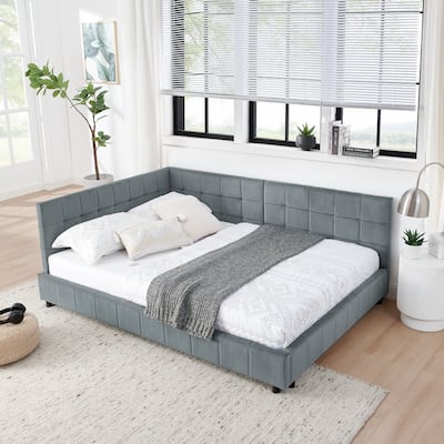 Full Size Velvet Upholstered Daybed with Tufted Backrest and Armrest, Mid-Century Sofa Bed Frame for Bedroom or Living Room