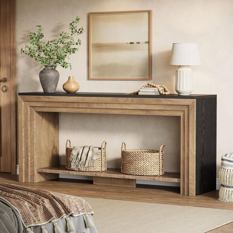 70.9 Inch Extra Long Console Table, Farmhouse Narrow Wooden Sofa Table with Storage Shelf - 11.61" W x 70.9" L x 32.68" H