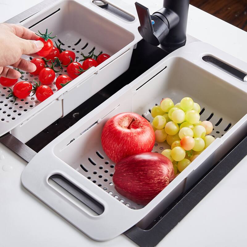 Extendable Colander Strainer Over the Sink, Retractable Kitchen Sink Basket, Plastic Food Strainers - Grey