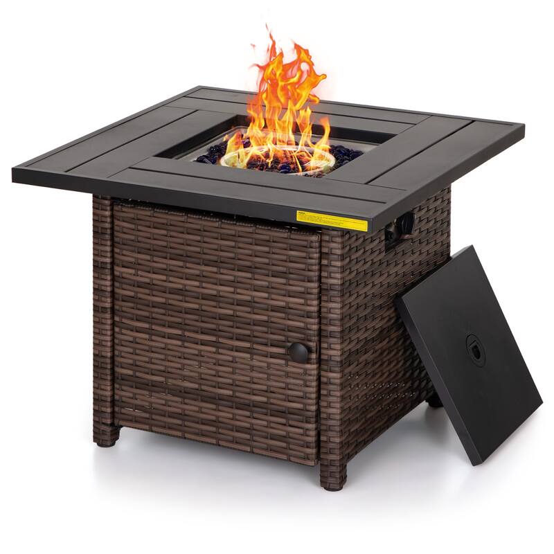 Outdoor Propane Fire Pit Table - 32/45/56 Inch, 50,000 BTU, Rattan/Black Finish, Includes Lid & Fire Glass