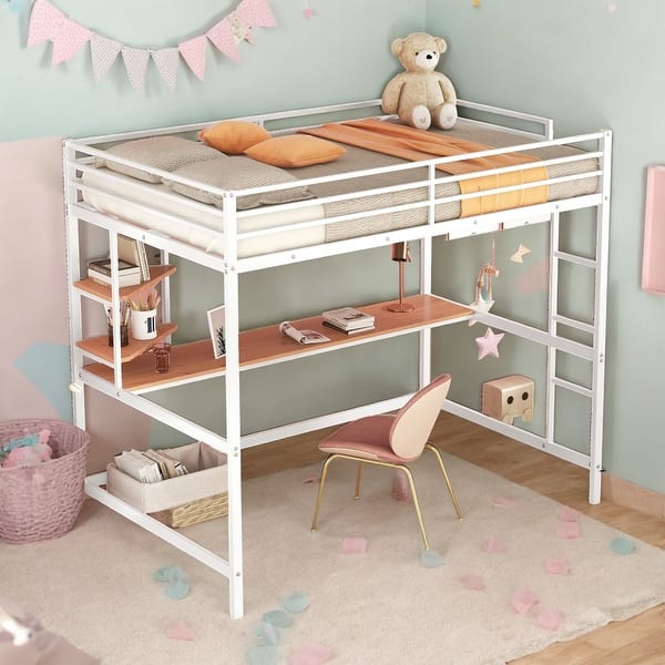 slide 2 of 12, Full Metal Loft Bed with Desk and Shelve, White,Modern Kids Loft Bed White