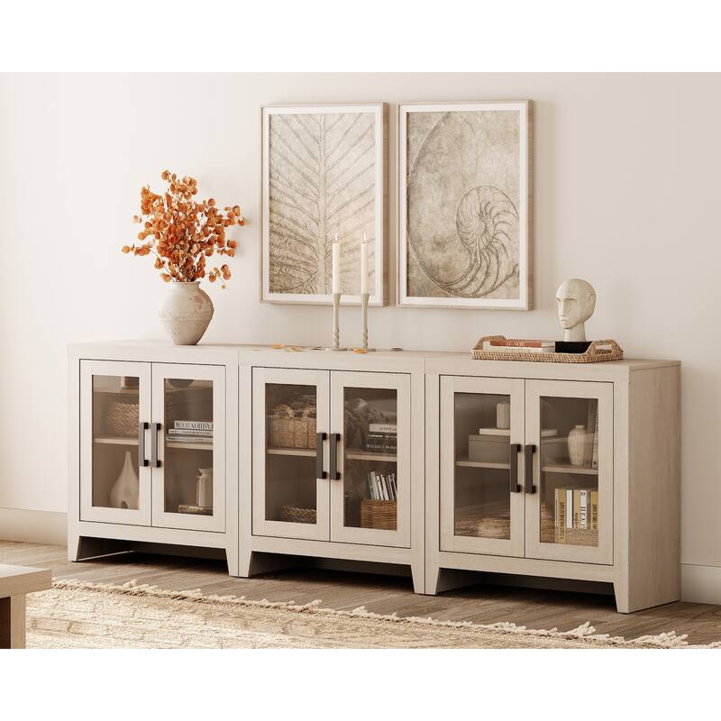 WAMPAT Modern Farmhouse TV Stand, Entertainment Center with Tempered Glass Doors & Adjustable Shelves