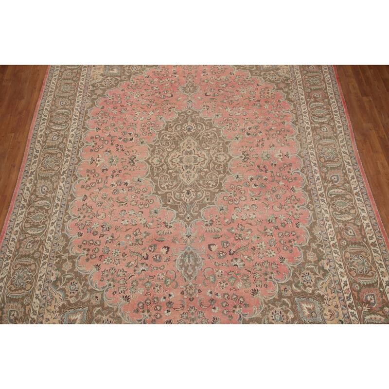 Hand Knotted Oriental 100% Wool Carpet Traditional Floral Pink Mashad Area Rug - 13' 0'' X 9' 7''