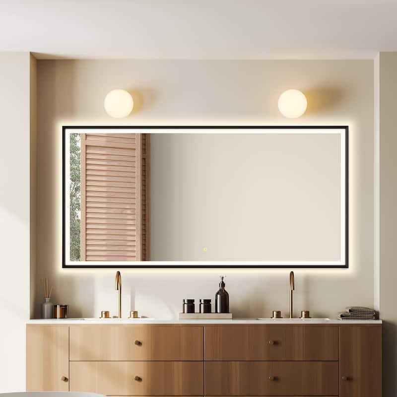 Apollo Rectangular Anti-Fog Dimmable Modern Bathroom/Vanity LED Lighted Wall Mirror in Matte Black Aluminum Framed