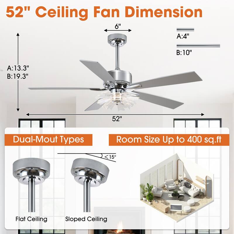 52" Chrome Reversible 5-Blade Modern LED Ceiling Fan with Light and Remote