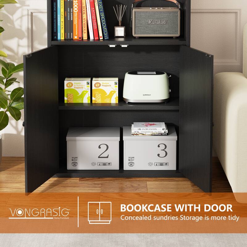 Farmhouse 6-Tier Open Bookcase and Bookshelf with Doors