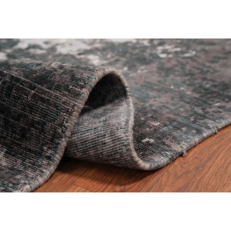 Hand Knotted Oriental Viscose Silk Carpet Modern All-Over Greys & Charcoal Abstract Area Rug - 8' 0'' X 4' 11''